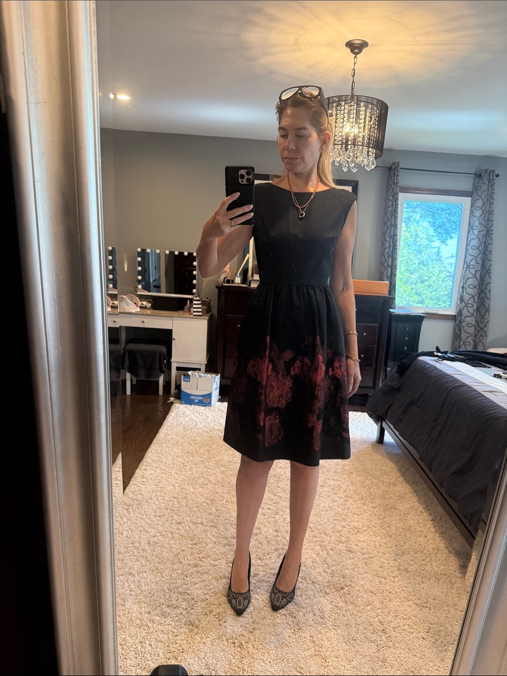 Cynthia Steffe Black Dress with Red metallic Floral Motif size 8